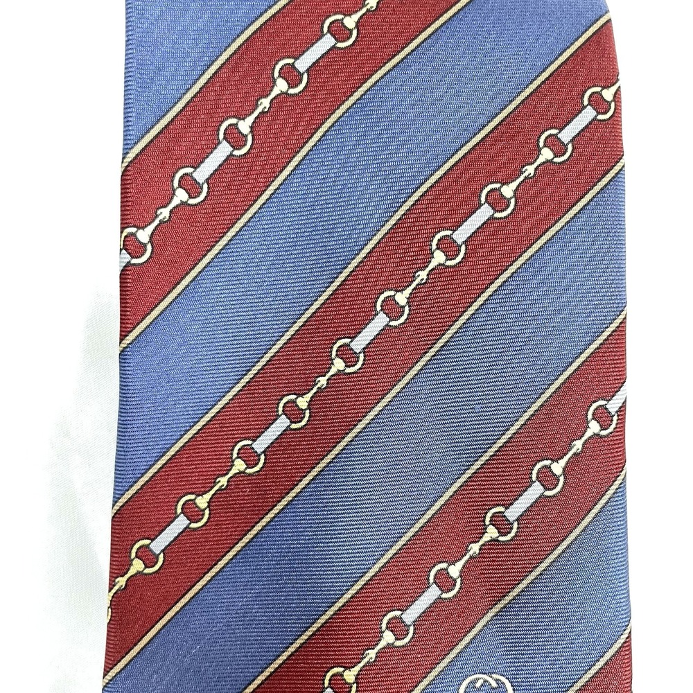 GUCCI 100% Silk Tie Red Blue Diagonal Stripe Gold Silver Chain Horsebit Italy - Picture 5 of 11